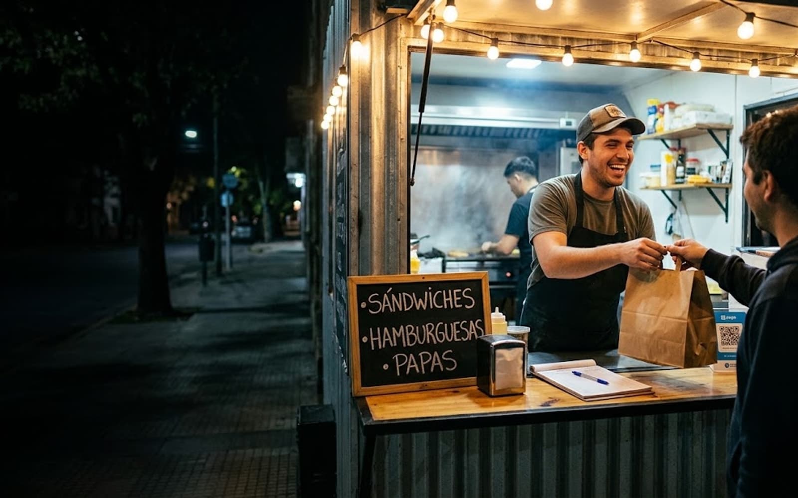 Dueña de un puesto de comida sonriendo en su local