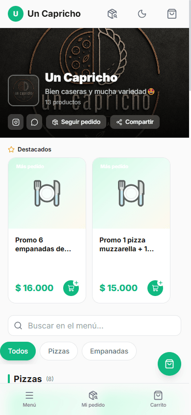 El menú de un negocio visto desde el celular de un cliente, con los productos y el carrito