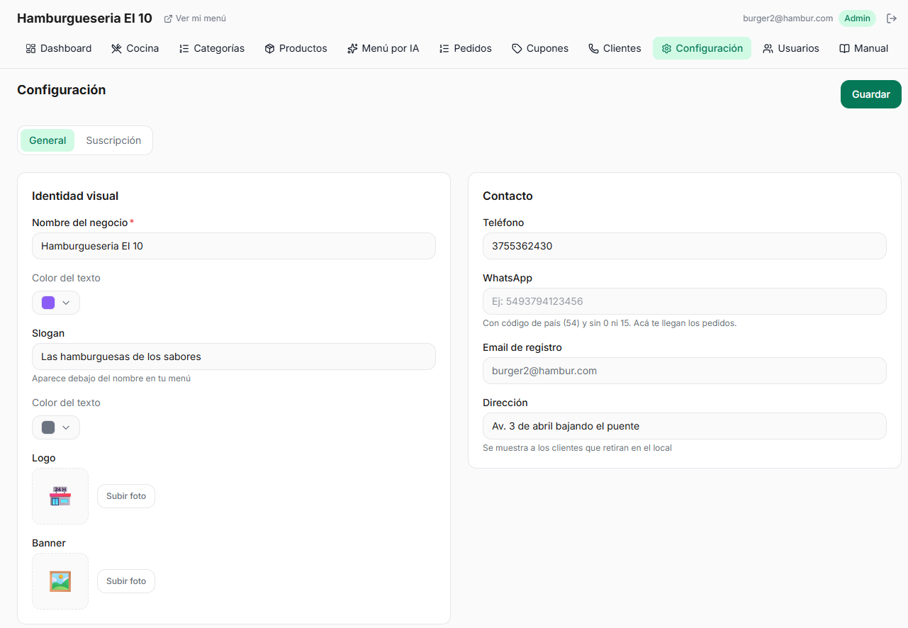 Configuración del negocio